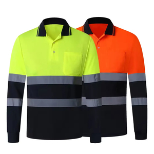 Men's Long Sleeve Hi Vis <b>Polo</b> Shirt <b>Orange</b> Black Reflective Tape Knitted Polyester Quick Dry Casual Workwear - Product Image 1