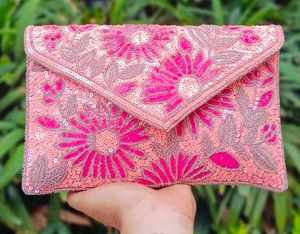 <b>Pink</b> Embroidery Beaded Envelope Clutch Wedding Festive Party Handmade Trending Sling Bag Boho Fashionable Women Evening Handbag - Product Image 1