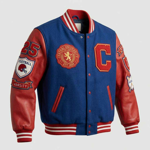 Veste de baseball vintage rouge et bleue pour homme, 100% laine, avec broderie de patchs en chenille, style varsity. - Product Image 6