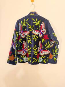 Fashion Embroidered <b>Velvet</b> Winter Lightweight Bomber <b>Jacket</b> with Floral Butterfly Pattern Zipper Closure Reversible Boho Design - Product Image 5
