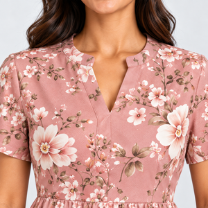 Women's Pink Floral Midi <b>Dress</b> Short Sleeve Split Neck A Line Casual Summer <b>Pocket</b> <b>Dress</b> Wholesale OEM Boutique Fashion Garments - Product Image 3