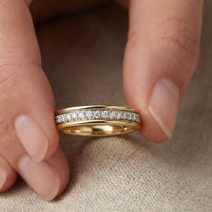 Anillo de media eternidad con diamantes de corte redondo de lujo para unisex, cultivados en laboratorio, con oro sólido de 14K, joyería para fiestas para novias. - Product Image 5