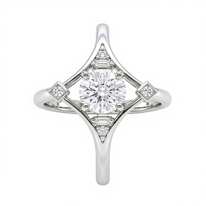 Anillos de Moda Art Deco con Diamantes Cultivados en Laboratorio, Anillo de Compromiso Único con Halo Geométrico de Diamantes Redondos en Oro Rosa Sólido de 14K - Product Image 4