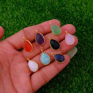 Diseño de hoja de Calcedonia Rosa Natural de moda, colgante tallado en forma de lágrima, Conector de bisel chapado en oro para collar DIY, joyería - Product Image 6