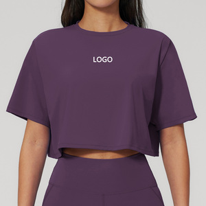 Women's Lavender Half-<b>Zip</b> Crop <b>Top</b> Full Sleeve Loose Fit Quick Dry Yoga Shirt Solid Color Sportswear - Product Image 2