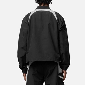 Men's Black Windproof <b>Racer</b> <b>Jacket</b> With Gray Color Blocking Zipper Closure Stand Collar Sporty Style Autumn Wear - Product Image 6