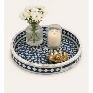 Plateau de service rond artisanal de luxe en nacre, mosaïque florale bleu marine écologique, plateau décoratif pour table basse - Product Image 4