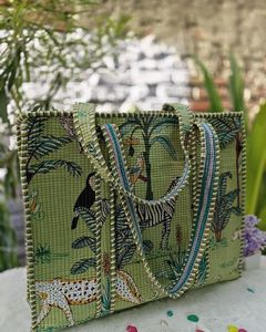 Top Selling Green Jungle Zebra Leopard Bird Cotton Kantha Quilted Storage Tote <b>Bag</b> Women Shoulder Travel Carrying Handle <b>bag</b> - Product Image 1