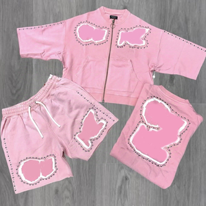 Ensemble de survêtement décontracté pour homme avec logo personnalisé, 100% coton velours, sequins thermocollés, séchage rapide, fermeture éclair, polo et short de jogging - Product Image 2