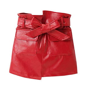Jupe courte en cuir PU taille haute pour femme, coupe trapèze, couleur unie avec nœud décoratif, style décontracté brillant, toutes saisons - Product Image 1