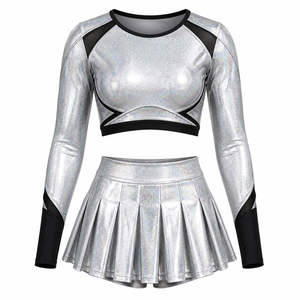 Uniforme de Animadora Metálico Holográfico Personalizable al por Mayor, Top Corto Brillante de Manga Larga para Mujer, Top de Baile con Pliegues - Product Image 1