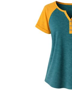 T-shirt pour femme jaune sarcelle à manches courtes, col Henley, coupe raglan, en coton doux, décontracté, idéal pour l'été, confortable pour le quotidien, élégant - Product Image 4