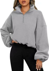 <b>Women's</b> <b>Quarter</b> <b>Zip</b> Cropped <b>Sweatshirt</b> Long Sleeve 3D Embroidery Front Logo Streetwear - Product Image 3