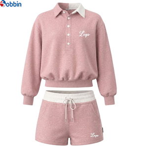 Autumn Wear Women's Custom logo 2pcs Sets Color-blocked Turn-<b>down</b> Neck Sweatshirts and Shorts Sets Casual Long-sleeve Set - Product Image 4