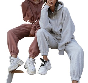 Ensemble 2 pièces décontracté pour femme : Sweat-shirt et pantalon de jogging à épaules tombantes en molleton bouclette 100% coton, couleur unie, coupe classique - Product Image 3