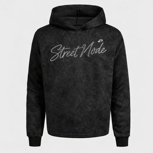 Sweat à capuche vintage noir en molleton de coton avec logo en strass, coupe décontractée, style streetwear, fabrication sur mesure - Product Image 3