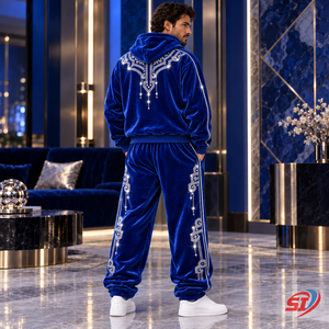 Conjunto de Sudadera con Capucha y Pantalones de Terciopelo Velour OEM Cobalt Dynasty Glow con Pedrería de Cristal, 95% Algodón, 5% Elastano, Premium - Product Image 3