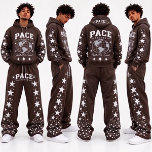 mens retro <b>emerald</b> <b>green</b> tracksuit allover star pattern puff print hooded pullover wide leg flare sweat pants heavy fleece set - Product Image 6