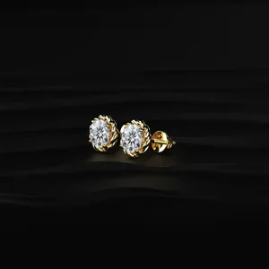 Round Cut Diamond Stud Earrings with Twisted Rope <b>Frame</b> Yellow Gold Diamond Earrings Special Design for Mother's Day for Export - Product Image 2