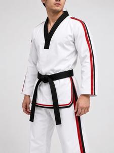 Uniforme de judo unisexe blanc avec rayures rouges et noires, coupe classique, 100% coton, durable, respirant, léger, vêtements d'arts martiaux pour adultes - Product Image 1