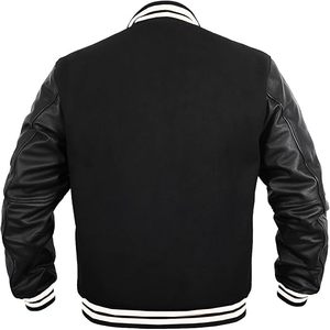 Veste varsity noire pour homme, manches en cuir PU, col rabattu, boutons sur le devant, vêtement décontracté pour l'automne - Product Image 3