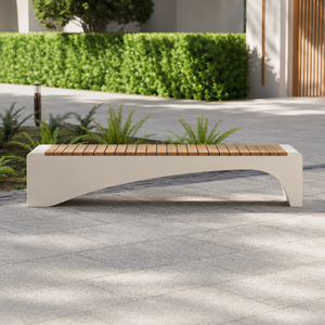 Modern Outdoor <b>Garden</b> <b>Bench</b> with Wooden Slatted Seat with Sculpted White Base for Park Patio Lawn Balcony and Public Seating - Product Image 1