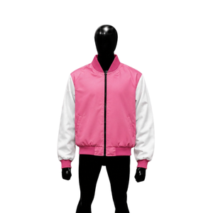Veste de baseball en satin rose et blanc personnalisée pour hommes et femmes, qualité supérieure, deux tons, avec col montant côtelé - Product Image 1