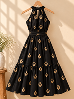 Robe midi trapèze à imprimé floral et col licou, noire avec détails dorés, à volants, décontractée, d'été, tissée, sans manches, coupe ample