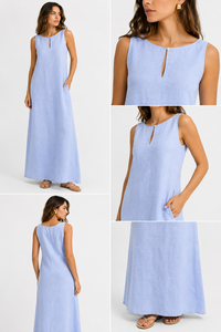 Vestido Mini Casual de Algodón al por Mayor - Vestidos sin Mangas Sencillos, Lisos, Naturales, con Abertura en la Espalda, Elegantes, Azul Claro, Artículos para Vacaciones de Verano - Product Image 3