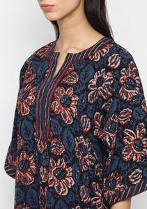 Vestido de caftán informal azul marino, camisón estampado con bloque de mano con patrón floral granate, método de tejido ecológico tejido - Product Image 6