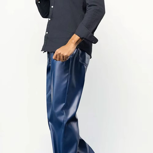 MORTAL SAGA Men's Blue Wide Leg Leather Canvas <b>Trousers</b> <b>Elastic</b> <b>Waist</b> Side Stripe Formal Anti-Wrinkle Midweight Winter Wear - Product Image 3