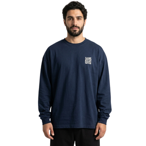 Pure Cotton <b>Men</b> Relaxed Baggy Cut <b>Long</b> <b>Sleeve</b> <b>T</b>-<b>Shirts</b> Navy Blue Plus Size Round Neck Casual Daily Wear - Product Image 1