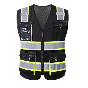 Gilet de sécurité réfléchissant réglable noir avec plusieurs poches et bandes argentées pour le travail, logo personnalisé, unisexe, imprimé par transfert thermique - Product Image 1