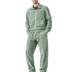 Men's Green Print Tracksuit Full Zip Jacket <b>Jogger</b> <b>Set</b> Casual Autumn Wear Breathable Cotton Regular Fit Side Pockets - Product Image 1