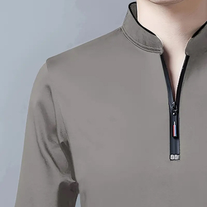 Men's Stand Collar <b>Zip</b> T-<b>Shirt</b> Long Sleeve Solid Color Casual Knitted Top 100% Cotton 120g Anti-Wrinkle Front Logo for Commuting - Product Image 5