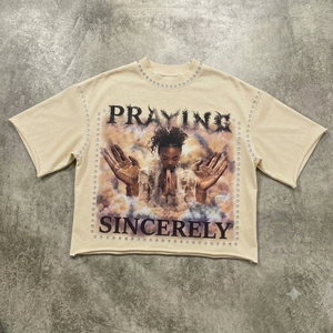 T-shirt graphique surdimensionné personnalisé pour hommes et femmes, vintage, délavé, 100% coton, streetwear, strass, perles, effet vieilli, 300g, tendance - Product Image 4