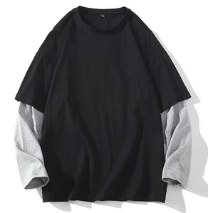 Men's Oversized <b>Black</b> <b>T</b>-<b>Shirt</b> With Gray Raglan Sleeves O-Neck Casual Solid Color Knitted Cotton Contrast Trim - Product Image 2
