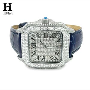 Reloj de Moissanita Personalizado con Bisel Cuadrado, Números Romanos, Esfera con Incrustaciones, Correa de Cuero, Totalmente Cubierto de Diamantes, Reloj de Pulsera de Lujo para Hombre - Product Image 3