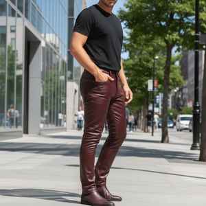 Pantalones de Motociclista de Piel de Cordero Color Borgoña Hechos a Mano para Hombre – Cuero Genuino, Corte Ajustado - Product Image 6