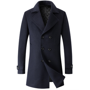 <b>Men's</b> <b>Navy</b> Polyester/Cotton Double Breasted Breathable Genuine Leather Shell Overcoat Long <b>Trench</b> <b>Coat</b> with Notched Lapel - Product Image 1