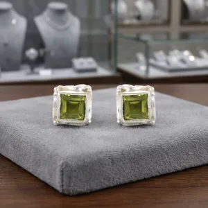 Geometric Peridot 925 Sterling <b>Silver</b> <b>Stud</b> <b>Earrings</b> Minimalist Everyday Wear Bezel Setting Unisex Jewelry - Product Image 4
