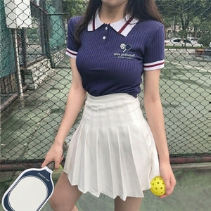 Women's One <b>Set</b> Pickleball Court Wear Ribbed Sports Polo Short Sleeve High-Waisted Crisp Knife Pleated Skirt Combo Breathable - Product Image 1