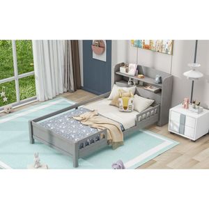 Letto a piattaforma in legno grigio antico per bambini, con luci LED integrate, testiera contenitore e sponda di protezione - Product Image 5