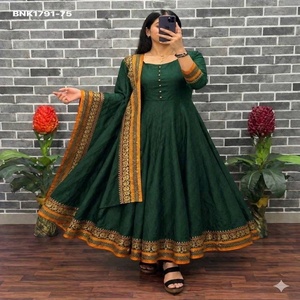 Good Quality Vichitra Silk with Embroidered Border & Full-Flared Readymade <b>Ankle</b>-Length Anarkali Kurti-Dupatta Indian Supplier - Product Image 1