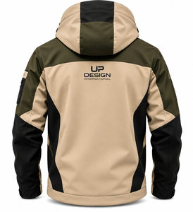 เสื้อแจ็คเก็ตซอฟต์เชลล์มีฮู้ดสำหรับผู้ชาย สีเบจ สีเขียวมะกอก สีดำ สกรีนโลโก้ได้ กันน้ำ กันลม เหมาะสำหรับงานกลางแจ้ง ซิปเต็มตัว ขายส่ง - Product Image 2