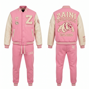 Mens Varsity Tracksuit 400 GSM Cotton Polyester Fleece Pink Cream Contrast Panel Chenille <b>Embroidery</b> Screen Print Custom Logo - Product Image 1