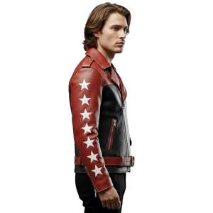 Chaqueta de Motociclista Personalizada para Hombre, Negra y Roja, de Cuero Genuino, con Parches de Estrellas, Corte Ajustado, para Motociclismo, Carreras y Uso Diario - Product Image 3