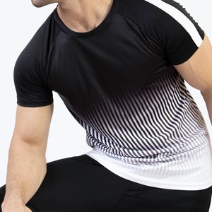 T-shirt en tricot pour homme, noir à rayures, col rond, manches courtes, coupe ajustée, sportif, séchage rapide - Product Image 1