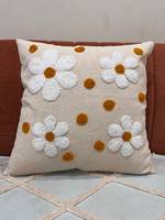 Housse de coussin décorative carrée en coton brodée avec des fleurs de marguerite et des pois moutarde