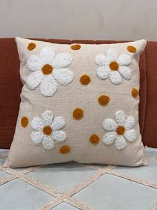 Hand-Tufted Daisy Floral Pattern Decorative <b>Cushion</b> <b>Cover</b> with Mustard Polka Dots - Product Image 1